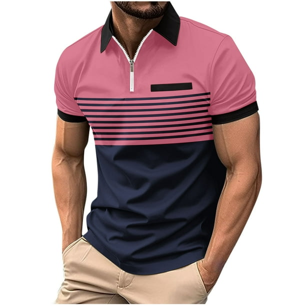 Ceisia Men's Color-Blocked Striped Zip-Up Short Sleeve Polo Shirt Casual Summer Top Pink L Gifts