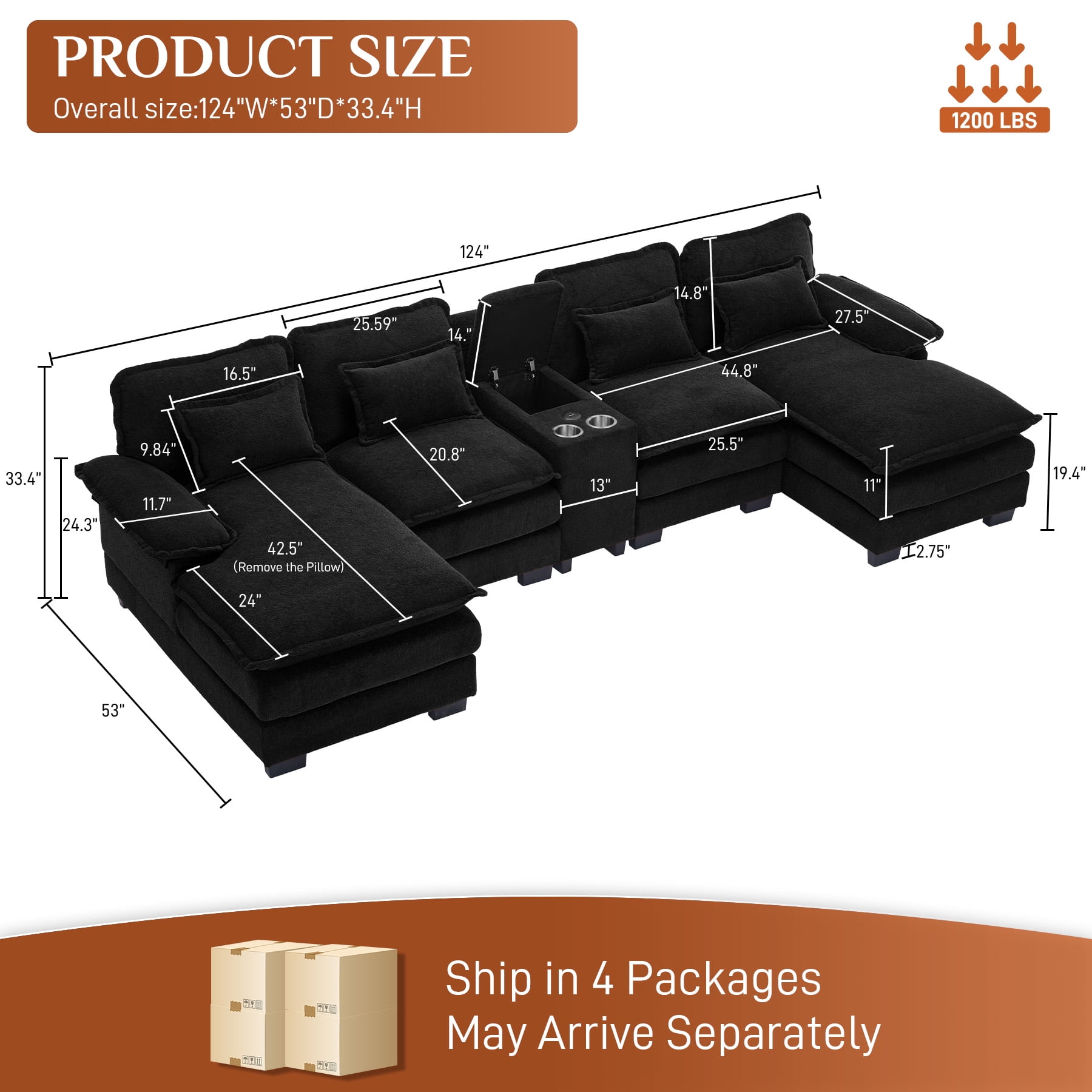 Wiilayok U Shaped Cloud Couch Modular Sectional Sofa 124" Extra Deep Fluffy Chenille Double Chaise Lounge, Central Console w/ Dual USB-C & A Ports, Midnight Black