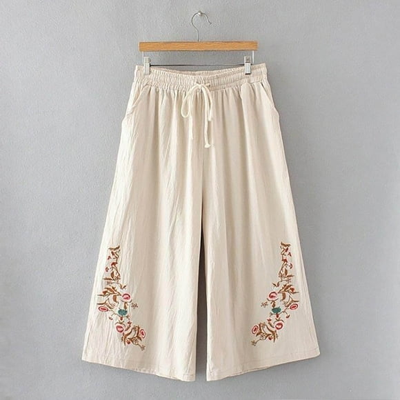 Jsaierl Women's Wide Leg Capris Pants Summer Elastic Waist Pant with Pockets Dressy Casual Drawstring Trousers Lightweight Yoga Pants