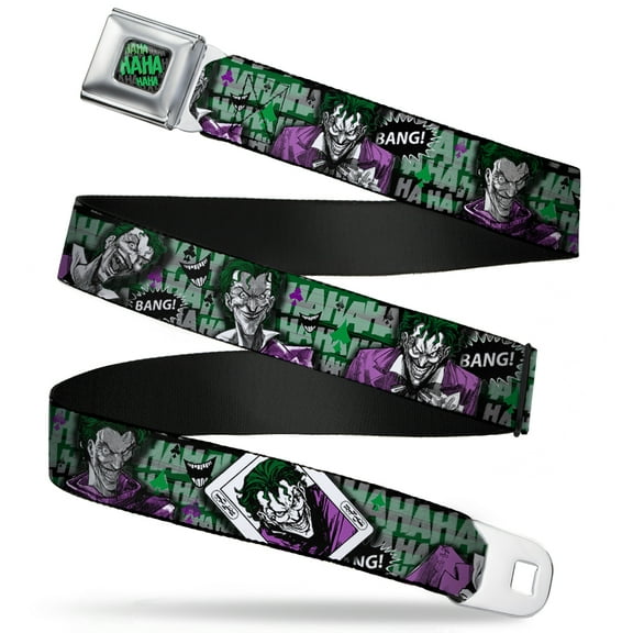 DC Comics Belt, Seatbelt Buckle Belt, Joker Poses Joker Card Haha Smile Bang Gray Green Purple, Youth 22 to 32 Inches
