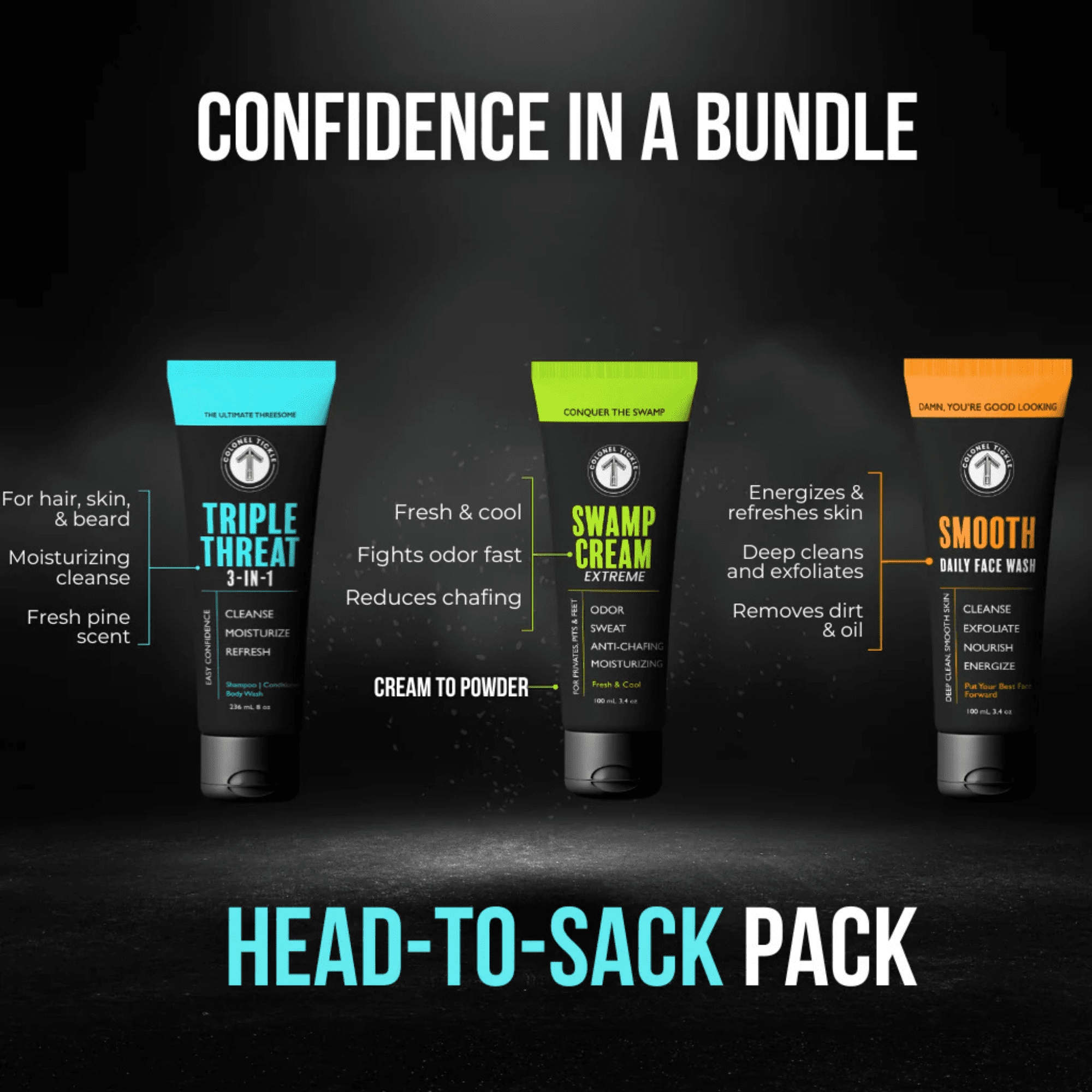 Colonel Tickle Head-to-Sack Tactical Swamp Cream, Face Wash & 3-in-1, 3 Piece Set