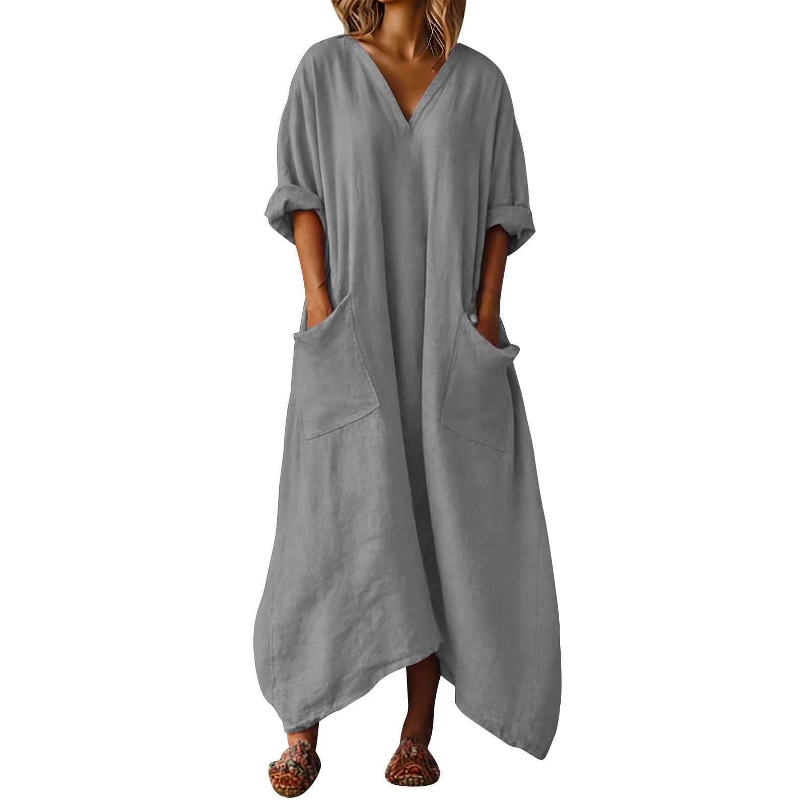 LVHAOGJOB Womens Dresses with Pockets Summer Maxi Dress Cotton Linen Long Loose Flowy 3/4 Sleeve Sundress for Ladies Solid Color