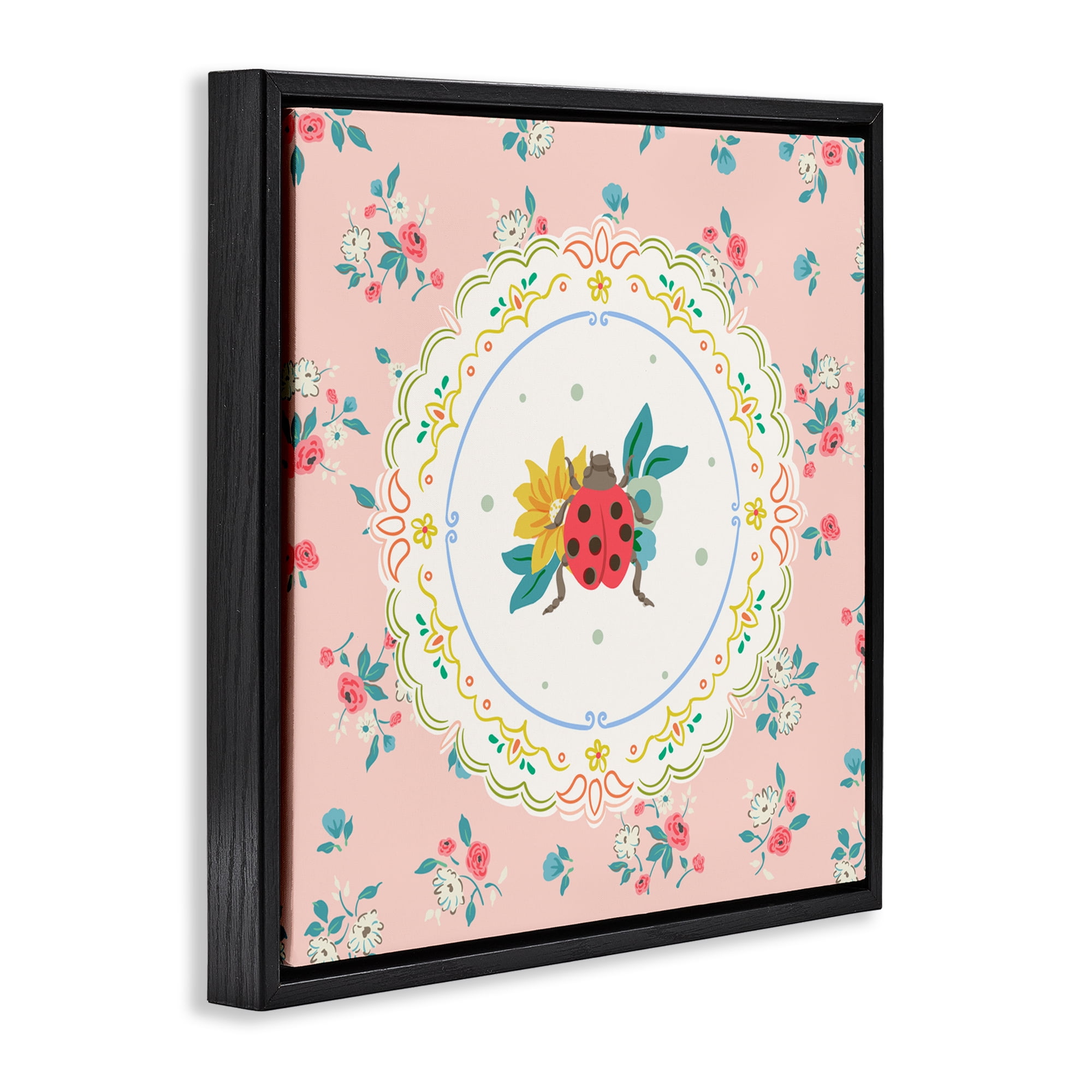 Spring Lady Bug Lace Pattern Black Framed Floater Canvas Wall Art, design by Angela Steahling