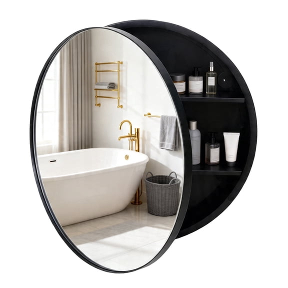 VIWILII Round Medicine Cabinet with Mirror, 20x20 Inch, Brushed Black, Surface Mount Bathroom Storage with 2 Fixed Shelves