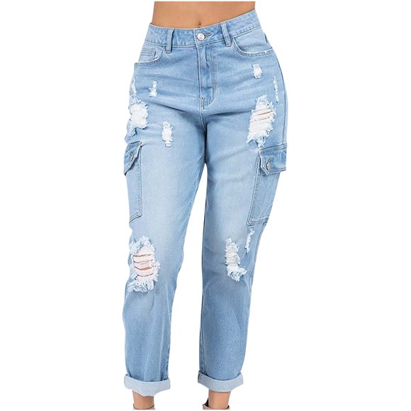 Pantalones Vaqueros de Bolsillo Con Cremallera Y Vendaje Con Agujeros Para Mujer, Pantalones Vaqueros Informales Acampanados de Pierna Ancha Odeerbi  ODB-6