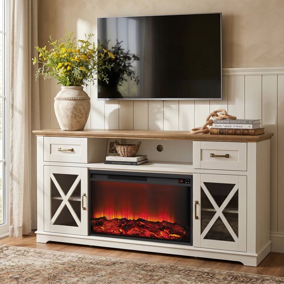 LEGAHOME 2-in-1 Multifunctional Fireplace TV Stand with 30" Removable Electric Fireplace for 70" TVs, 63" Farmhouse Electric Entertainment Center with 2 Drawers, White