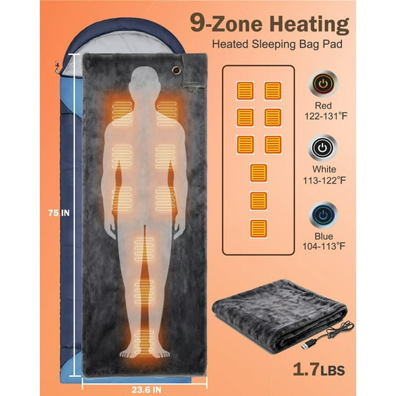 Heated Sleeping Bag Liner for Camping - Heated Blanket for Camping Portable Heating Sleeping Bag Pad 3 Adjustable Temperature Levels with 9 Heating Zones for Cold Weather Backpacking or Hiking