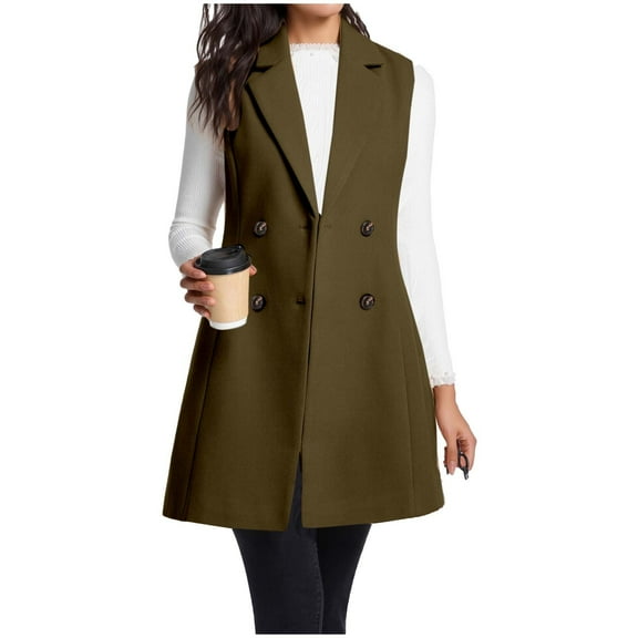 Miqool Womens Long Wool Vest Double Breasted Trench Coats Work Office Blazer Jacket Fall Winter Sleeveless Jacket
