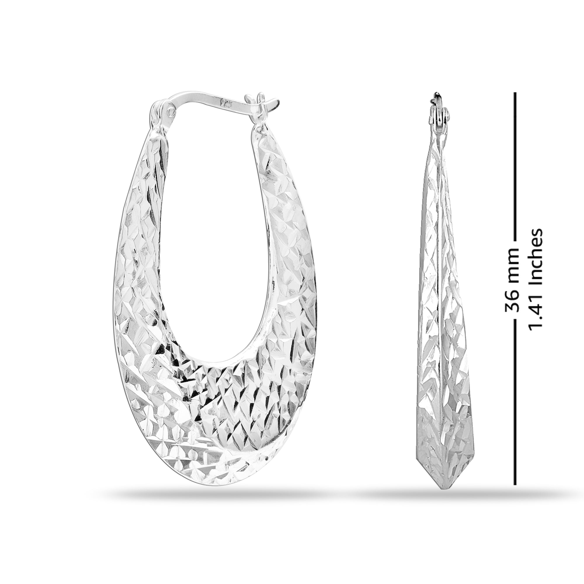 LeCalla 925 Sterling Silver Light-Weight Diamond Cut Hypoallergenic Click Top Oval Hoop Earrings for Women and Teen 35MM