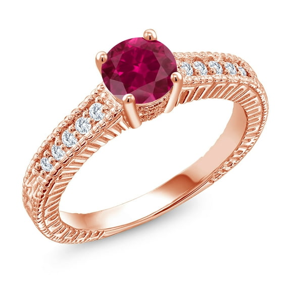 Gem Stone King 18K Rose Gold Plated Silver Ring Round Red Created Ruby and Moissanite (1.15 Cttw, Size 6)