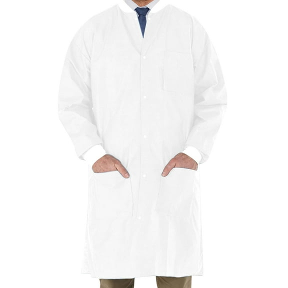 EOMDistributors High Performance SMS Disposable Lab Coat With Knit Cuffs and Collar, Thigh Length - White (30 Pack, X-Large)