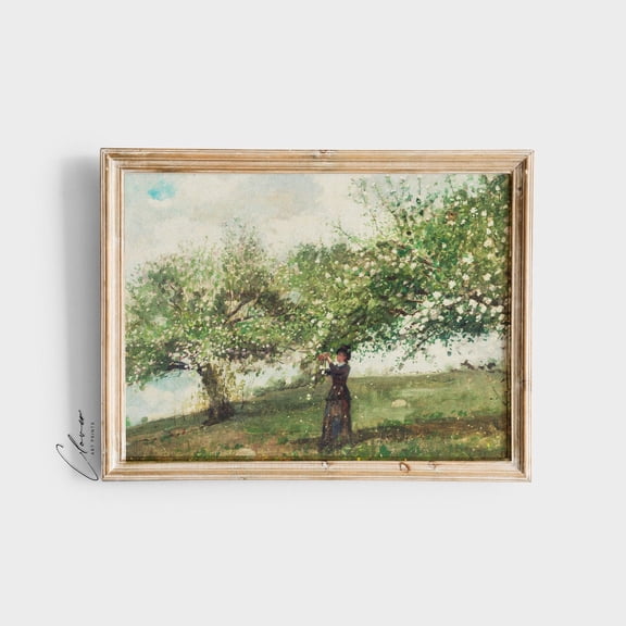 Woman Picking Flowers, Vintage Landscape Art, Floral Artwork, Cottage Wall Hanging, Spring Theme Decor, Retro Nature Art Print Home Decor #77, Unframed Poster Size 8x12