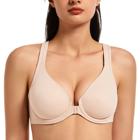 MELENECA Women s Racerback Front Closure Bras Plunge Unlined Full Coverage Seamless Underwire Bra Beige 48B