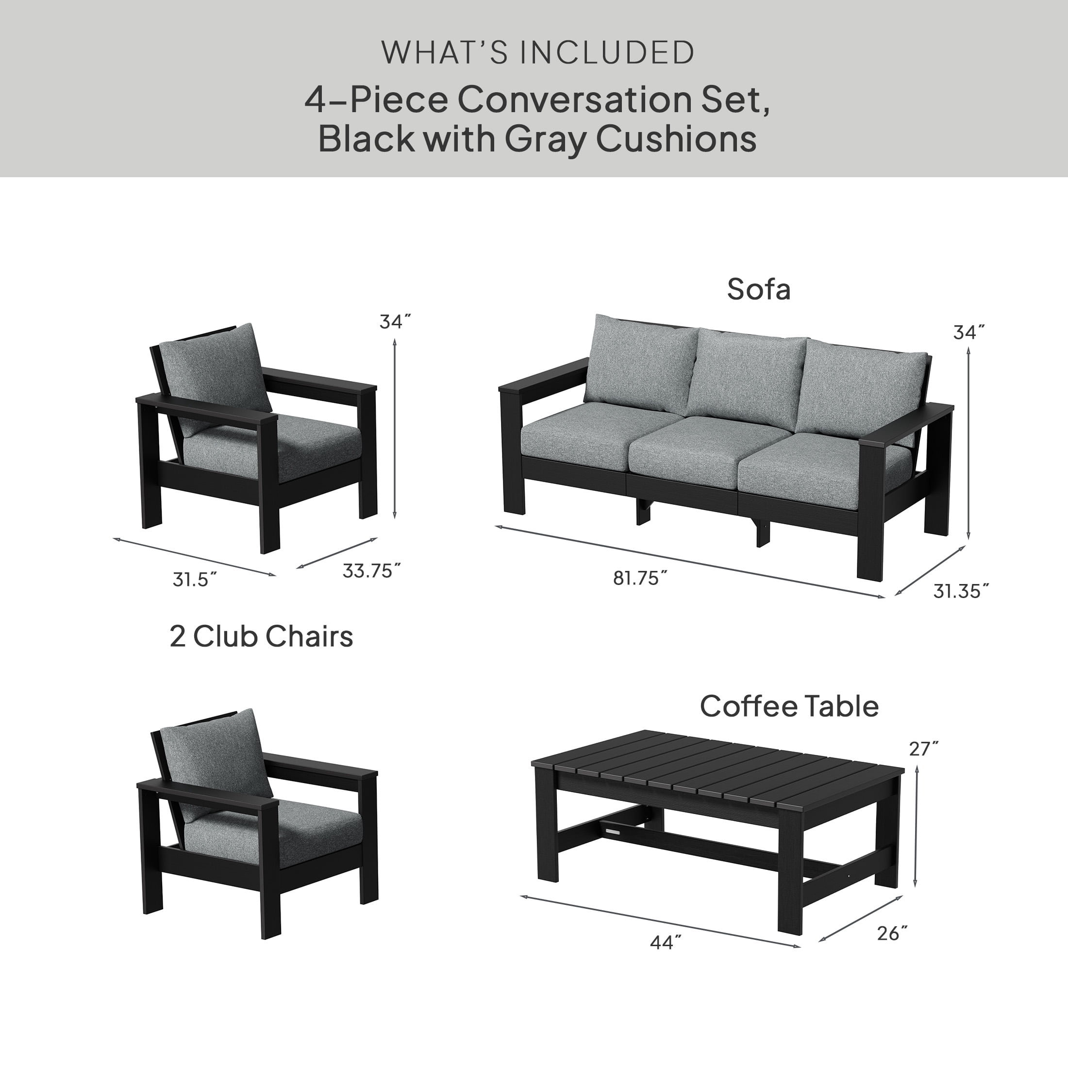 Better Homes & Gardens Ezra 4-Piece Outdoor HDPE Conversation Set, Black with Bellamy Gray Cushions