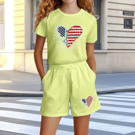 RKSTN Girls Summer Outfits Independence Day Print Boys Short Sets Crew Neck Short Sleeve Shirts Girls Two Piece Outfits(Green 13-14 Years)