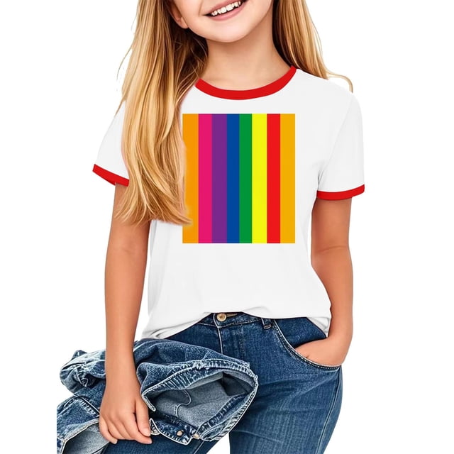 T-Shirt Graphique à Manches Courtes pour Enfants, Mélange Doux Polyester-Spandex, Col Rond, Tissu Respirant, Imprimé Arc-en-Ciel Coloré, pour Garçons et Filles 3-14 Ans