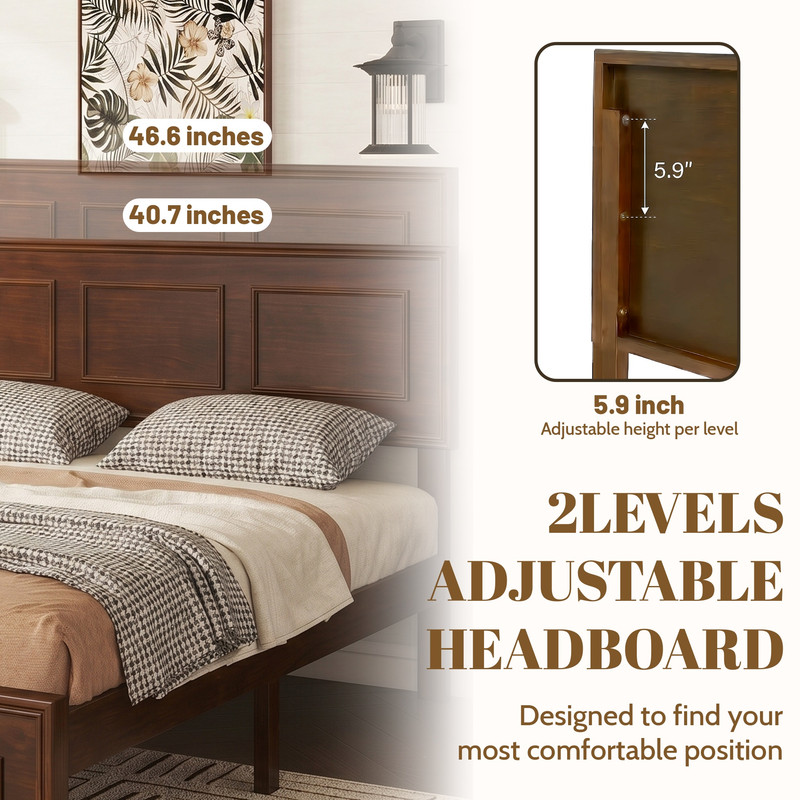 Full Size Platform Bed with Adjustable Height Headboard, Wood Strengthened Bed Frame with Under-Bed Storage Space