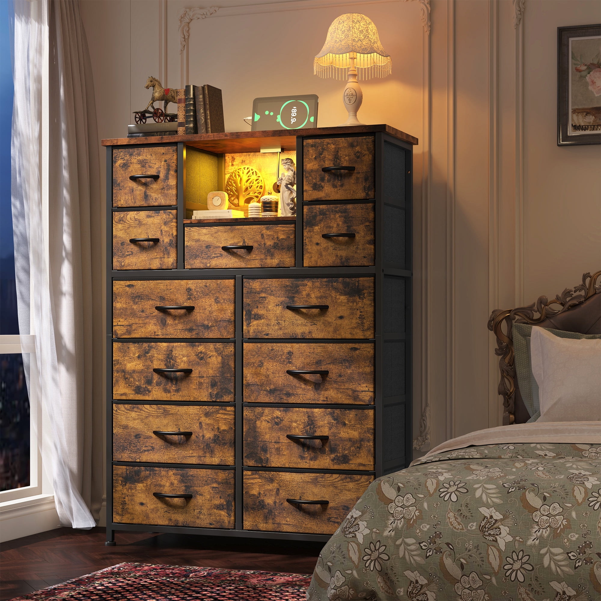 Dresser for Bedroom with 13 Fabric Drawers Tall Dresser with LED Light & Charging Station, Rustic Brown