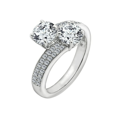 Sq Accent Plate - Gemour Platinum Plated Sterling Silver Swarovski Zirconia 2-Stone Round Pave Accent Ring, Size 8