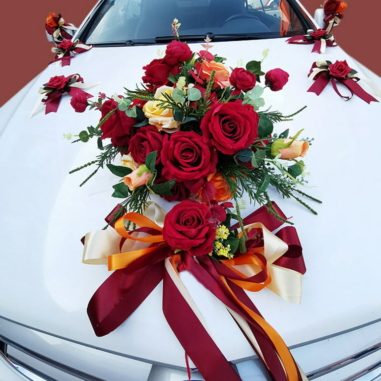 EUBUY Car Front Flowers Wedding Car Decoration Simulation Rose Embellished  Auto Body Decor for Wedding Engagement Party 