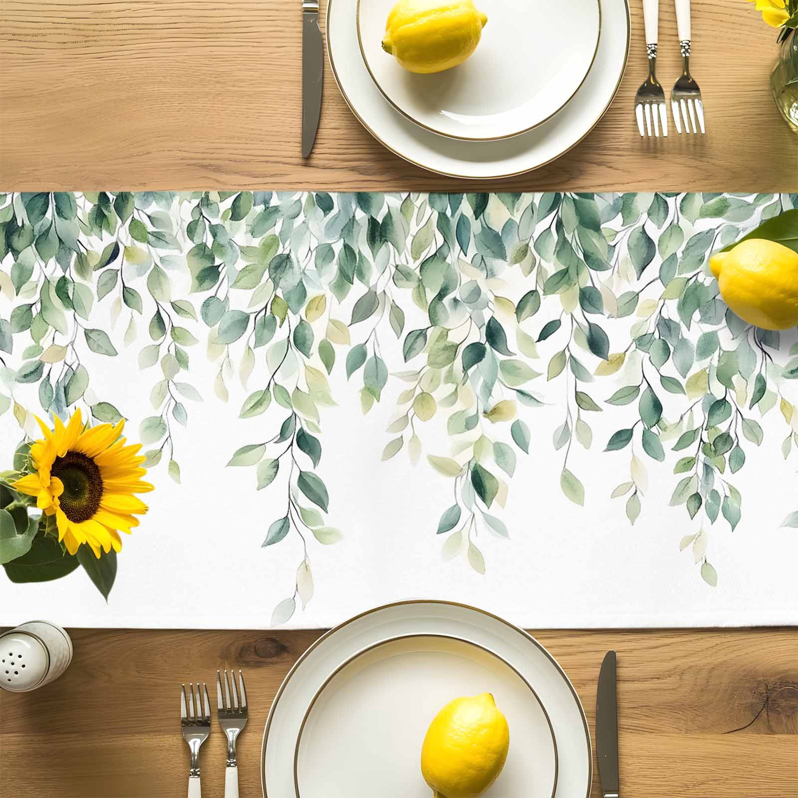 Green Watercolor Eucalyptus Leaves Table Runner 90 Inches Long, Spring Foliage on White Table Runners Tabletop Scarf Kitchen Dining Tables Decoration for Home Party Indoor Outdoor