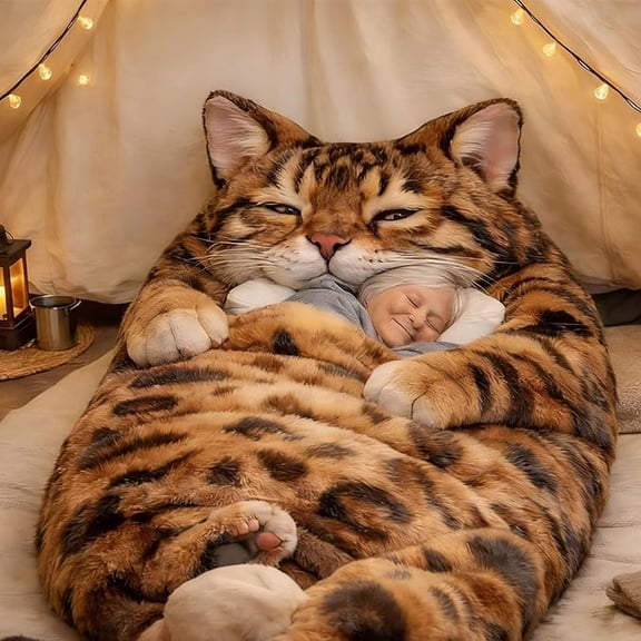 Fluffy Cat Sleeping Bag for Adults,Large Adult Soft Cat Sleeping Bag for Human, Cat Envelope Sleep Bag for Camping, Travel,Sleepovers & Home Lounging