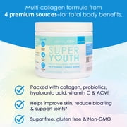 SkinnyFit Super Youth Collagen, Multi Collagen Peptides Powder, Probiotics, Fiber, Hyaluronic Acid, Anti-Aging, Gut Health Support, NON GMO, Gluten Free, Sugar Free, Unflavored, 14 Servings