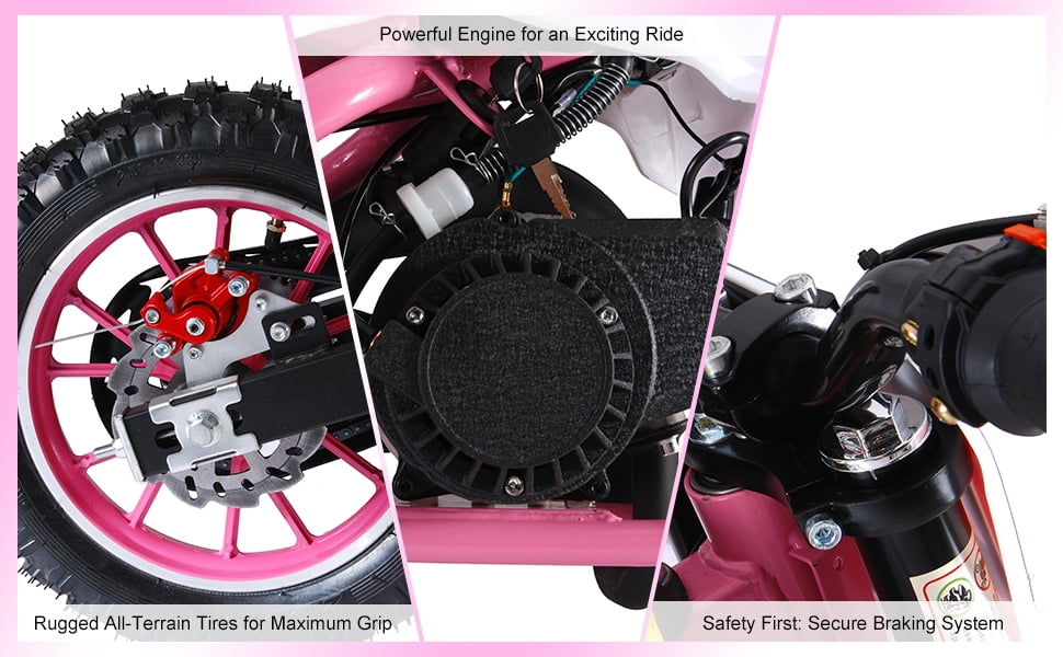 Korogimeeet Gas Powered Pink Mini Dirt Bike 49cc 2-Stroke, Hand-Pull Start, 10 Inch Off-Road Tires, Dual Disc Brakes, Infinitely Variable, 30KM/H Max Speed, 150kg, 47 x 28 Inch