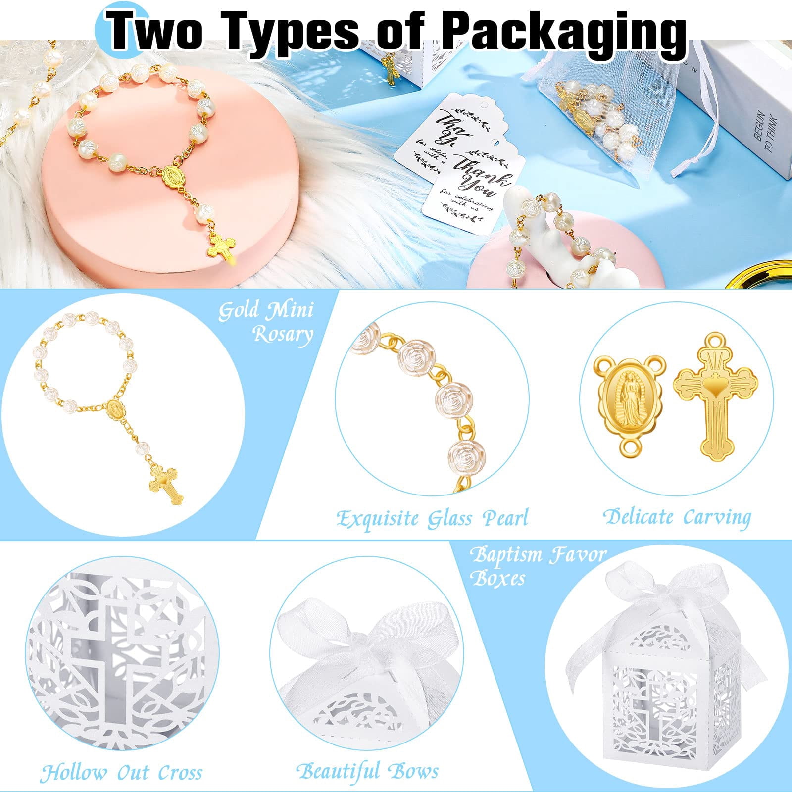 100 PCS Baptism Favors Set Includes Mini Rosary, Laser Cut Baptism Favor Boxes, Thank You Tags, White Organza Bags for Bautizo Recuerdos Christening Wedding Party Supplies