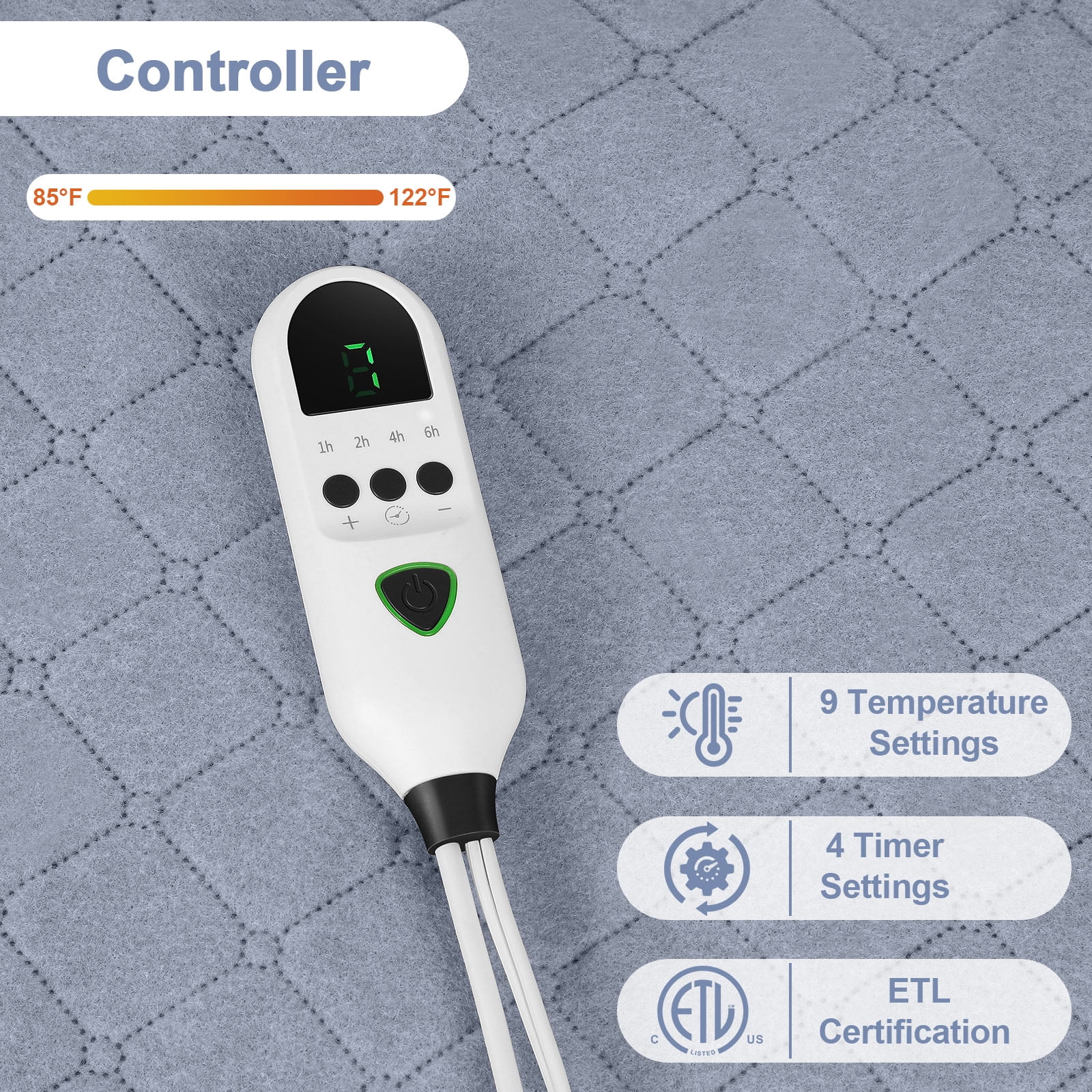 Electric Heating Blanket 63x31.5in Soft Flannel Heated Blanket with 9 Temperature Settings & 4 Timer ETL Certified Machine Washable for Bed Sofa OfficeGrey