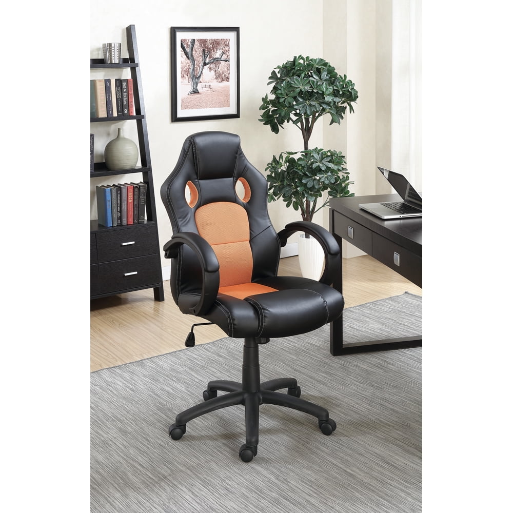 Leatherette Office Chair With Elevated Armrest, Black and Orange