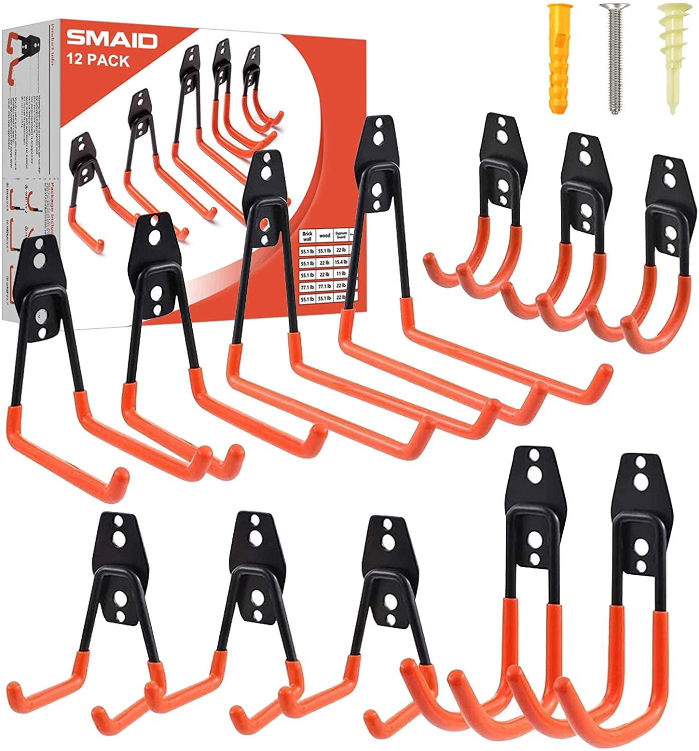 Steel Garage Storage Utility Double Hooks 12 PACK Wall Mount Hooks Garage Tool Hangers for Organizing Shed Garden Tools Ropes Bikes Garage Hooks Heavy Duty Ladders Bulky Items 