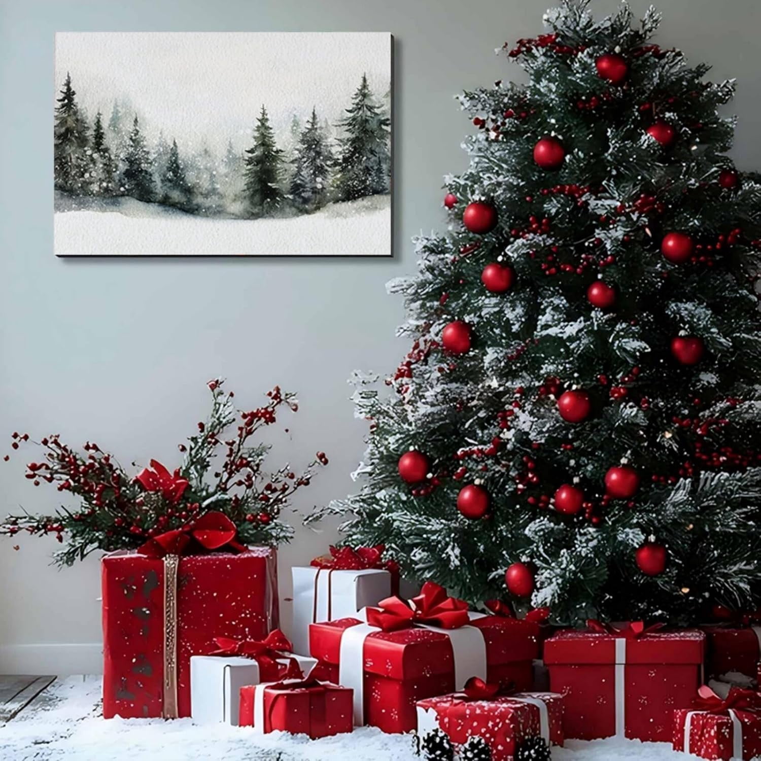 Framed Christmas Wall Art, Pine Tree Artwork Christmas Decoration Indoor, Rustic Landscape Snow Winter Forest Painting Canvas Print Wall Picture for Living Room Decor