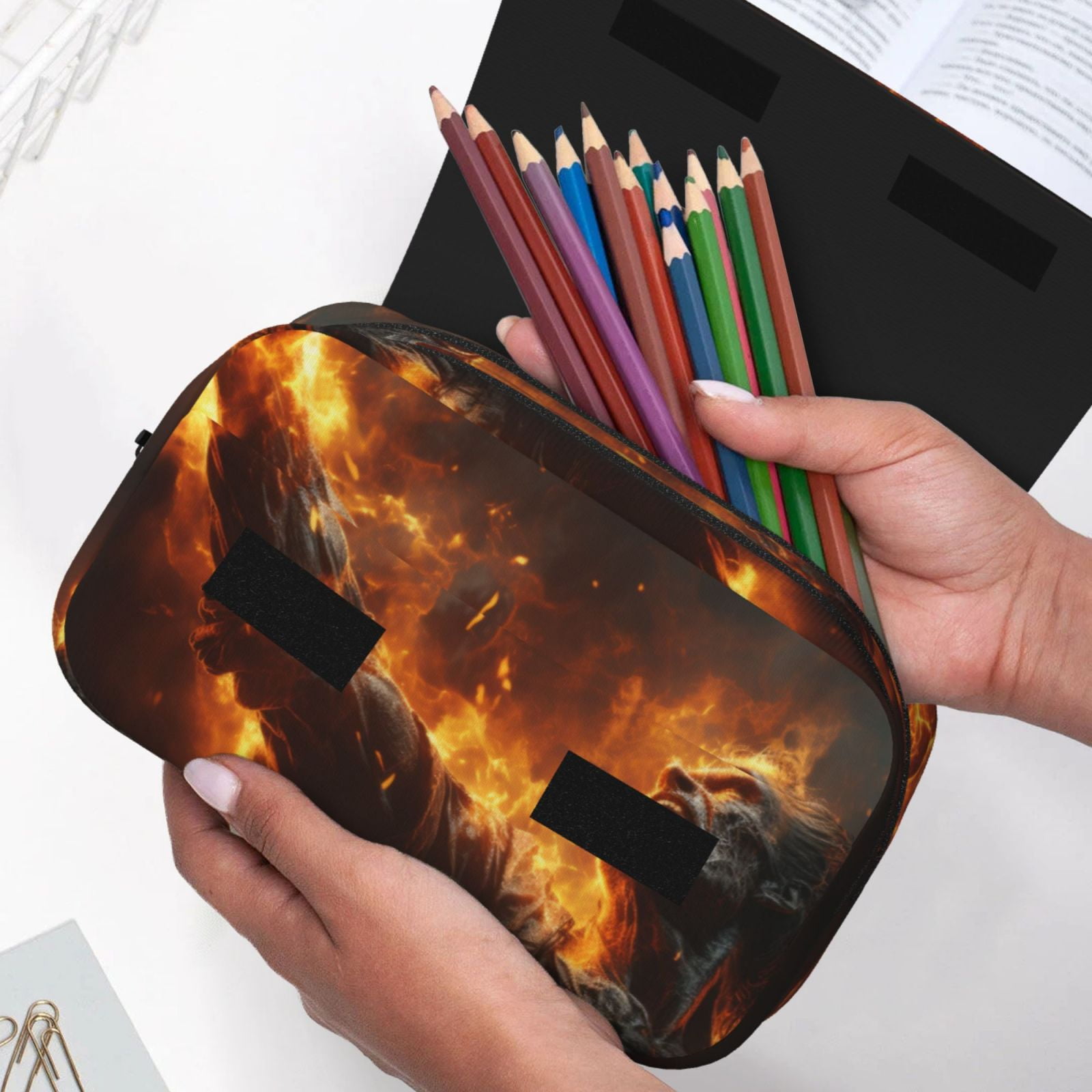 Rateoe Cool Fire Man Pattern Double Clamshell Pen Case, Storage Organizer with Two Zipper Compartments– Holds Up to 50 Pencils & Pens