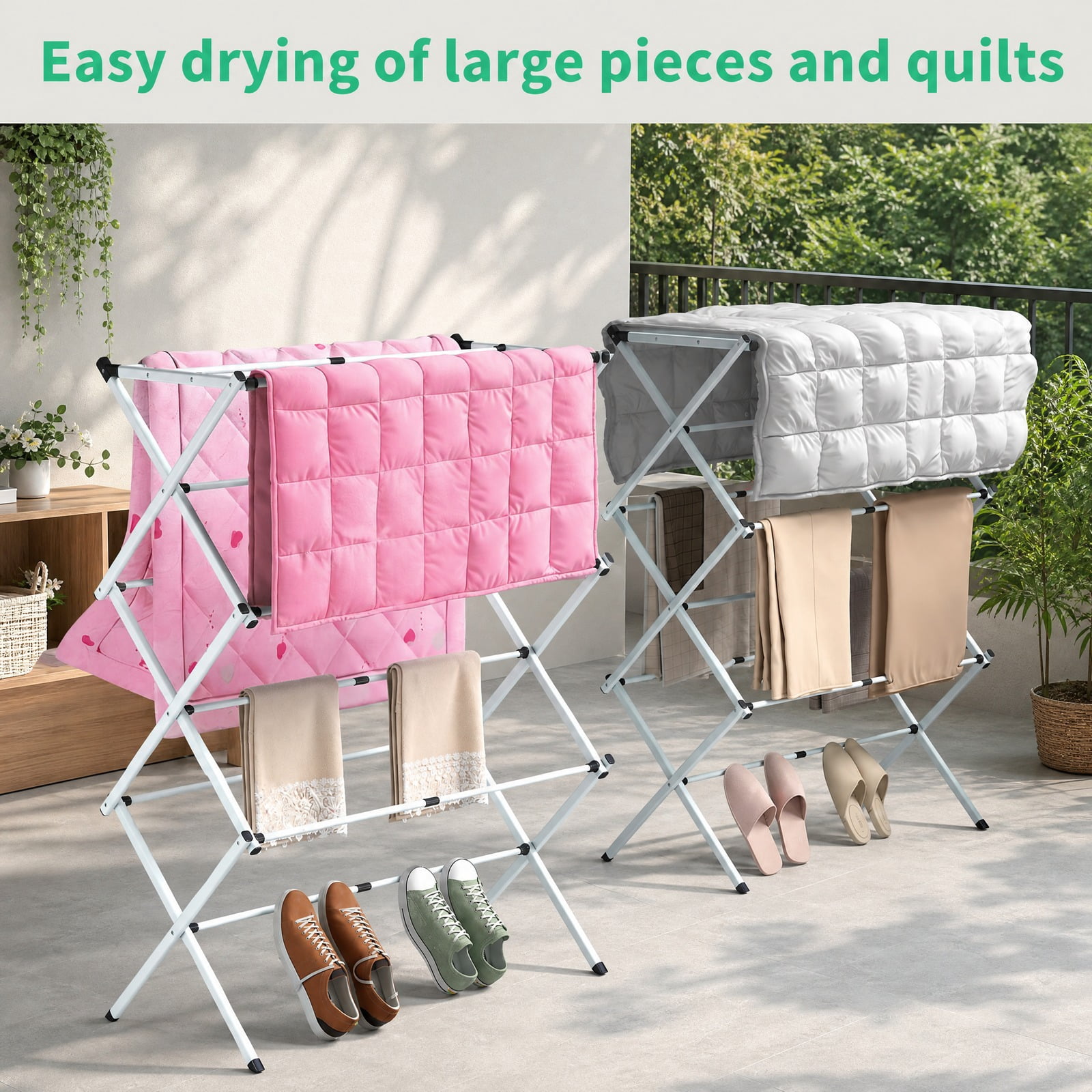 Fenbeli 3-Tier Clothes Drying Rack, White Foldable Steel Laundry Stand with 11 Drying Rods, Space-Saving Design for Indoor and Outdoor Use