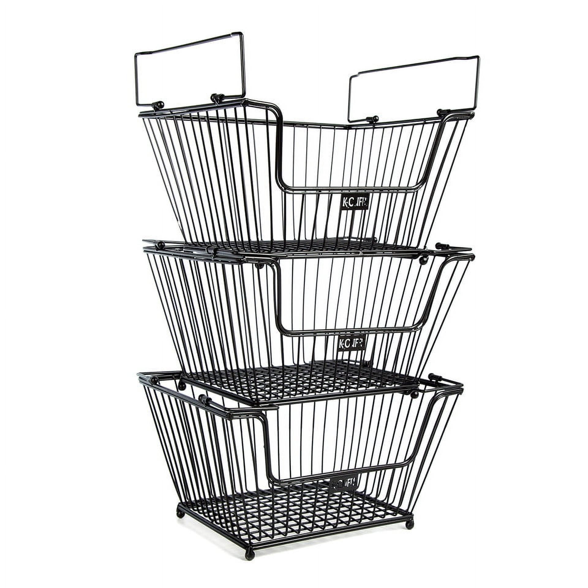 K-Cliffs Stackable Metal Storage Baskets Heavy Duty Quality Bread Wire Baskets Snack Bins for Office Craft Room Kitchen Pantry Office Garage Store Display, 3pcs Pack, Black