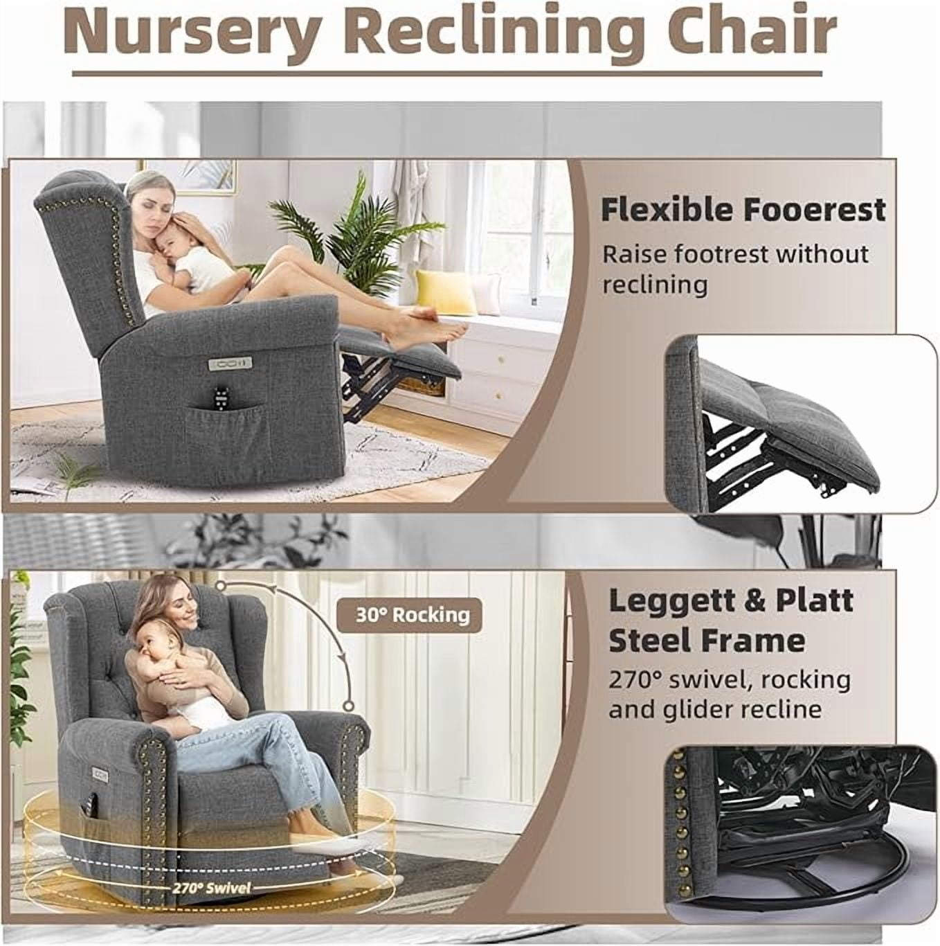 EPICOZY Power Swivel Rocking Glider Recliner Chair with Massage and Heat, Electric Nursery Glider Rocker for Living Room, Wingback Tufted Upholstered Recliner Chair with Type-C & USB Ports, Grey