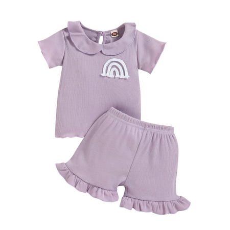 

Calsunbaby Kids Little Girls Clothes Set Rainbow Short Sleeve Doll Neck Ribbed Tops + Ruffled Elastic Waist Shorts Purple 12-18 Months