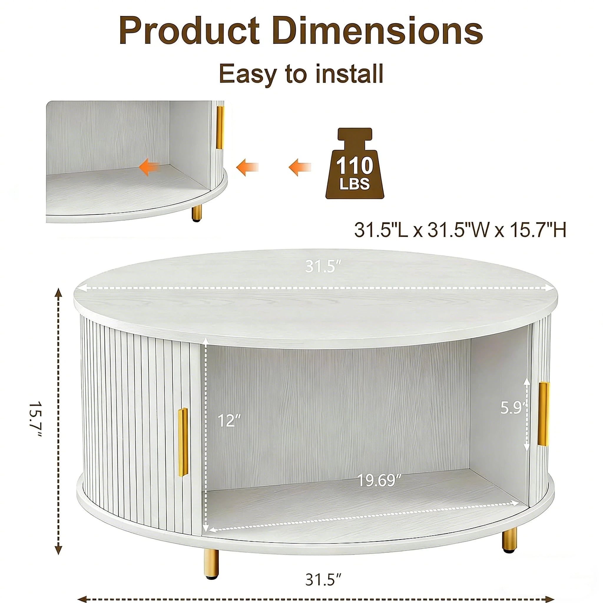 Aisword Round Coffee Table with 360° Sliding Door, Fluted Accent Storage Coffee Table with Adjustable Footpads for Living Room, White