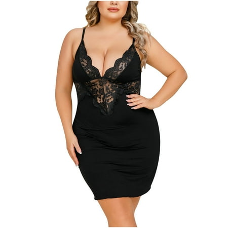 HomeGardon Clearance Plus Size Women Chemise Lingerie Nightie Full Slips Lace Babydoll Sleepwear Dress Women s Large Lace V-Neck Open Back Strap Pjama Dress XL-5XL