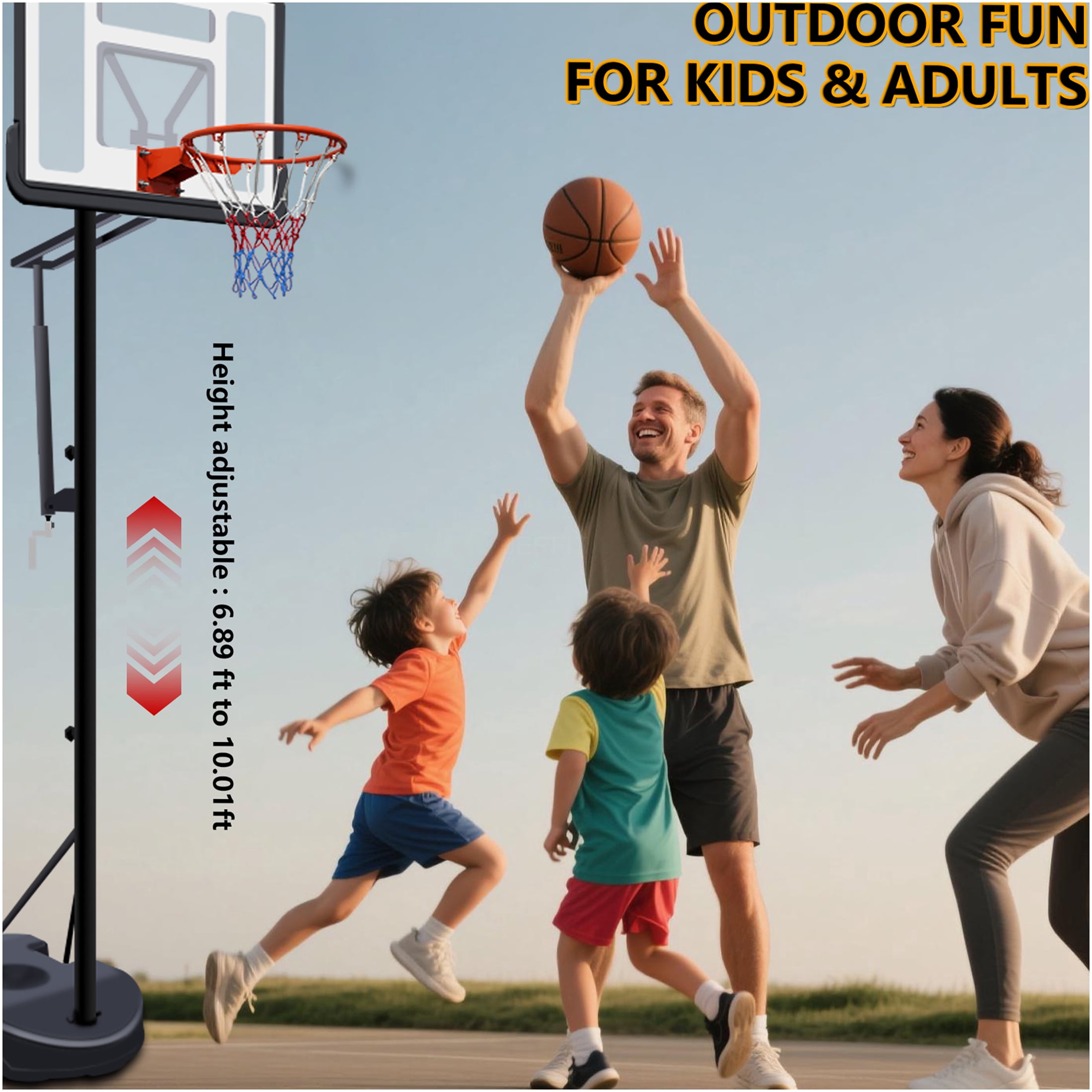 JERFIT Adjustable Height Portable Basketball Hoop for Kids & Adults, 34" Shatterproof Backboard with Wheels, Indoor Outdoor Basketball Goal with Water/Sand Base, Youth Play System