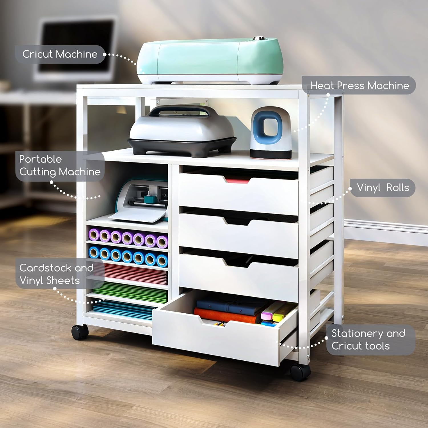 Craft Organizer Storage Cart, Rolling Cart Organizer, Vinyl Roll Holder and Cutting Machine Storage Cabinet, Craft Cart with Drawers for Craft Room Organizer 32" W x 16" D x 34" H