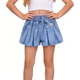 thumbnail image 6 of Favoffer Girls Floral Pleated Denim Shorts Elastic Waist Fashion Cute Casual Pants Beach Weekend Travel Daily Wear, 6 of 8
