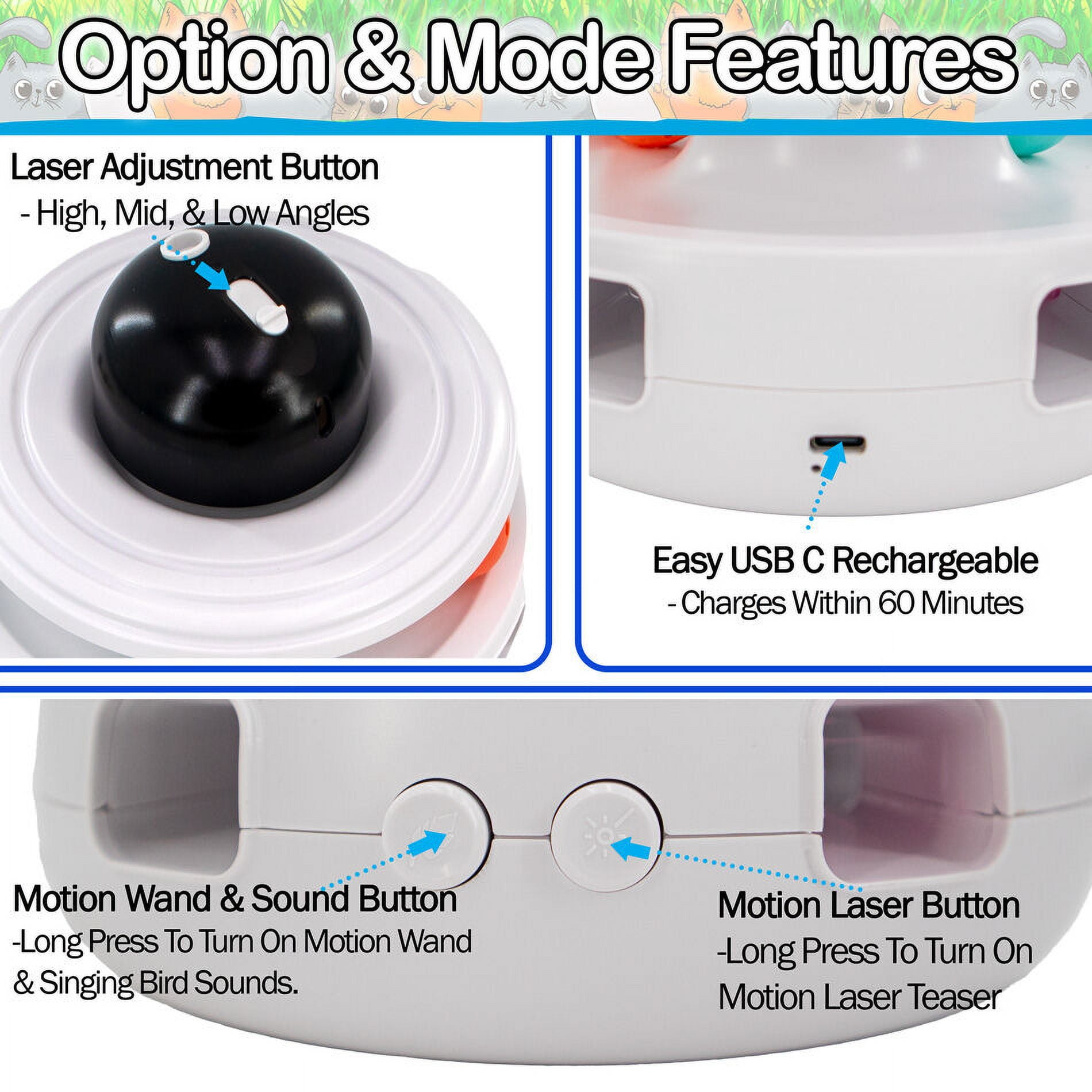 Interactive Cat Toy with Laser, Catnip Balls, Bird chirps & Feather Wand for Indoor Cats
