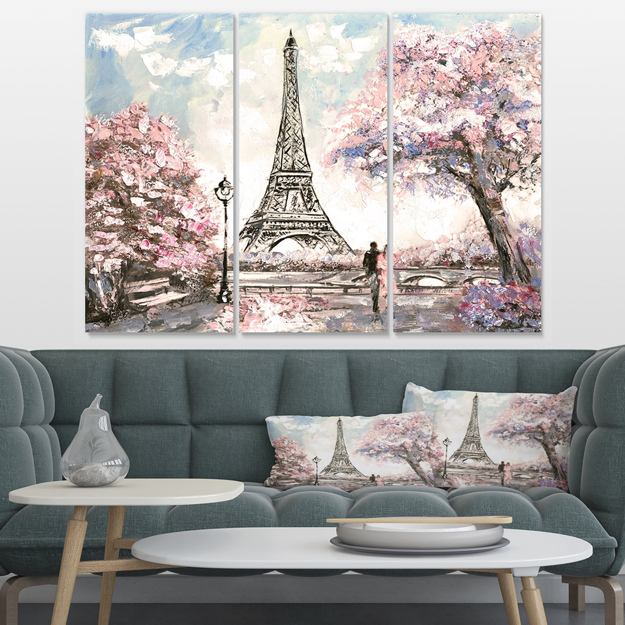 Designart 'Eiffel with Pink Flowers ' Landscape Canvas Art Print