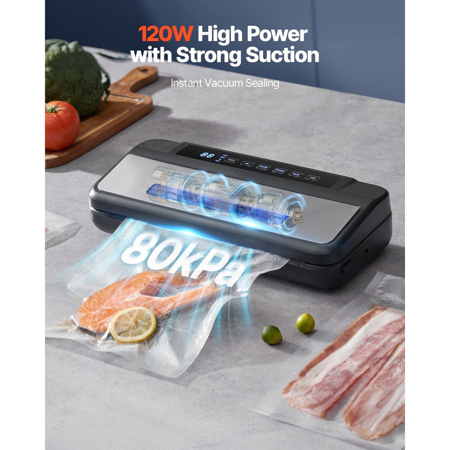 Vacuum Sealer Machine, 80kPa Powerful Suction, 7-in-1 Food Modes, 12" Heating Bar, Built-in Bag Cutter, Removable Drip Tray, for Home Kitchen Food Preservation
