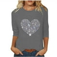 thumbnail image 2 of Fall Saving 2025 QUINDOS Graphic Tee Shirts Women Sequin 3/4 Sleeve Womens Tops Plus Size Heart Gray Relaxed Fit Crew Neck Casual Tops, 2 of 3