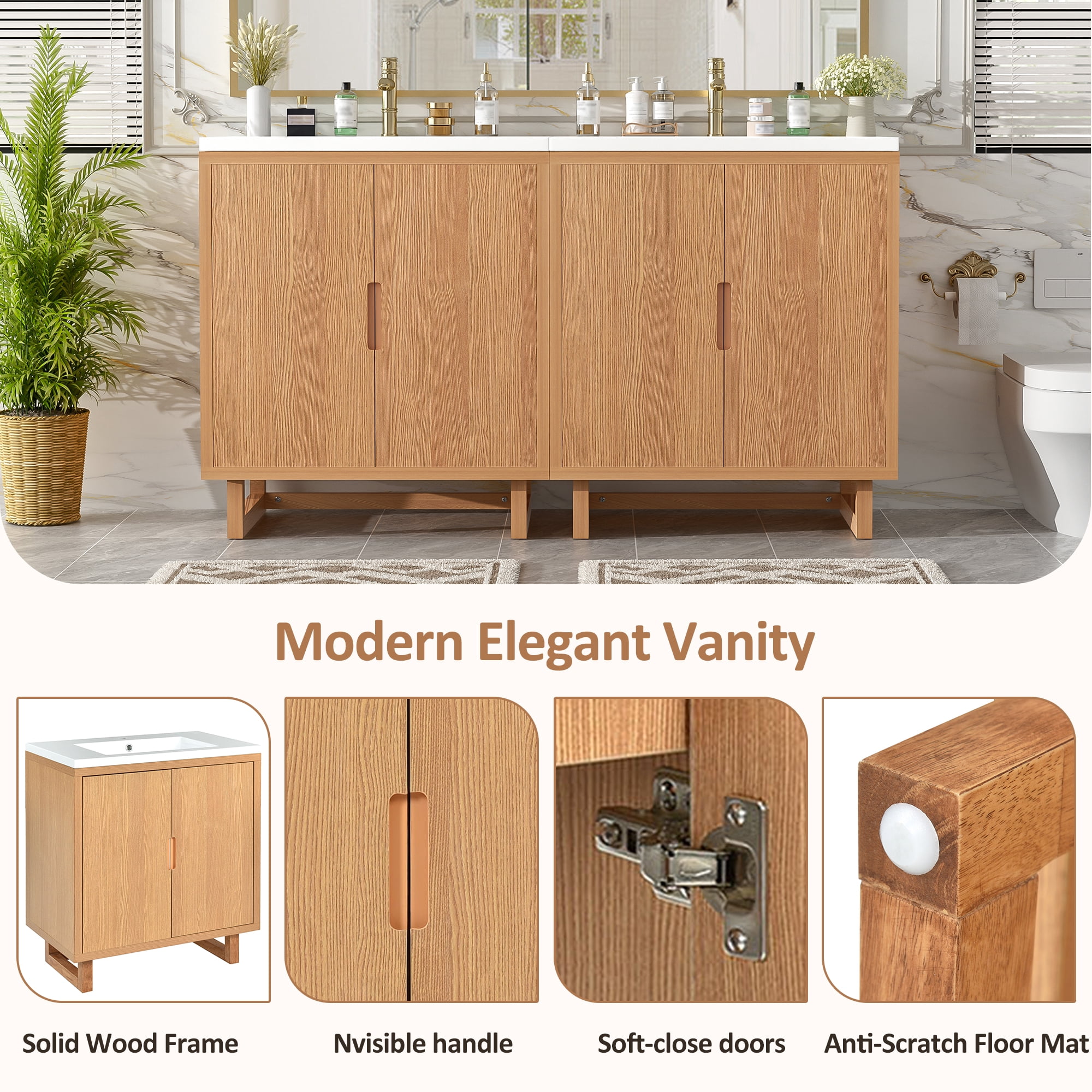 Euroco 60.2" Bathroom vanity Set with Sink, Combo Cabinet, Bathroom Storage Cabinet, Solid Wood Frame