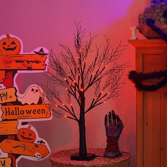 Diceymbol Halloween Spooky Bare Black Tree with Orange Lights for Bedroom Halloween Decorations 24 Inch