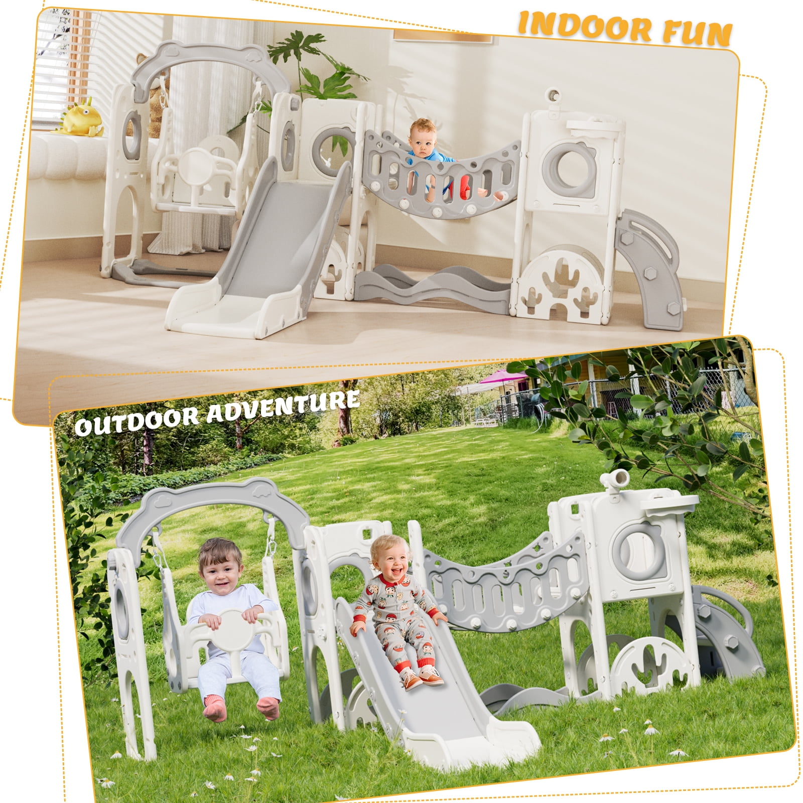 YUFU 12 In 1 Toddler Slide Swing Set, Baby Slide for Age 1+ with Climbing Arch Golf Set Swing Basketball Indoor Outdoor Playground Slide(Gray)